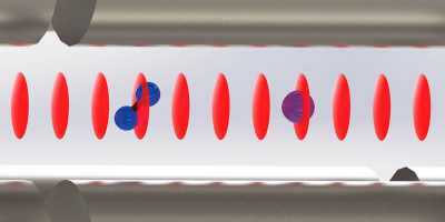 A charged nitrogen molecule is interrogated by a charged calcium atom in an optical lattice. (Image: University of Basel, Department of Chemistry)