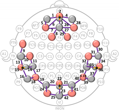 fNIRS montage: 16 sources (red circles) and 16 detectors (grey circles) forming channels were placed on frontal, temporal and occipital regions of the scalp. Channel numbers are shown. 36 long and 4 short channels (marked by * and yellow source-detector links) were formed. Reproduced from https://doi.org/10.1371/journal.pone.0241695.g002