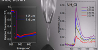 Liquid flatjet system, showing the two nozzles from which two impinging single jets form a 1-mm wide and 5-mm long liquid water sheet with a thickness of 1–2 μm as determined by measuring the transmission at the oxygen K absorption edge (left), with which XAS measurements in transmission can be made on aqueous solutions, as exemplified with the nitrogen K absorption edge spectrum of ammoniumchloride (right). © MBI Diagram showing the two nozzles of the liquid flatjet system