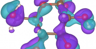 A model created at Rice University illustrates charge distribution in glucose. The light blue region shows the electron cloud distribution in a single glucose molecule. The purple regions show the drastic charge redistribution when anchored to Janus MoSSE and detected via surface-enhanced Raman spectroscopy. Credit: Lou Group/Rice University